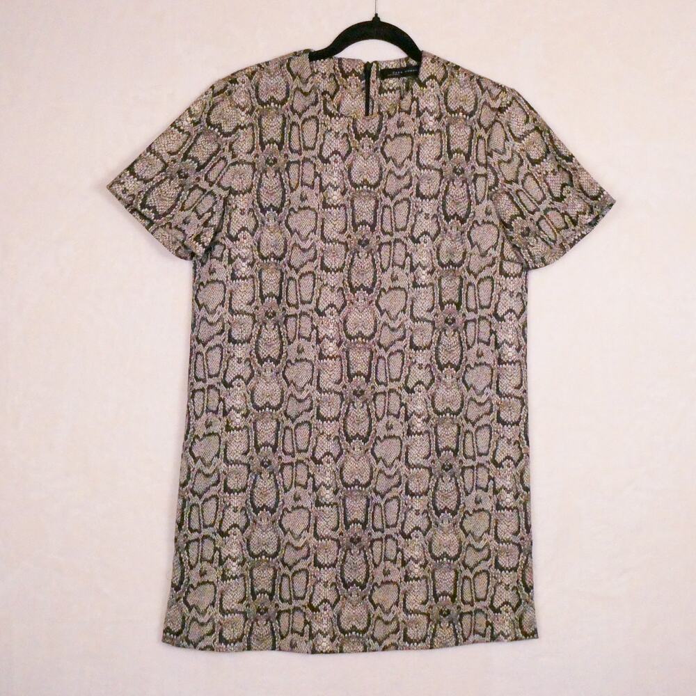 ZARA Snakeskin Print Shift Dress Size S Short Sleeve Tan Black Animal Print